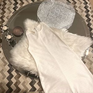 Zara - Ribbed Halter 3/4 Length Midi Body-con Dress - White - S